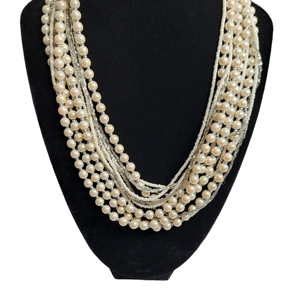 Women's 12 Layer Necklace Silver Tone Faux Pearls & Clear Beads 9.5 Inches - Picture 3 of 10